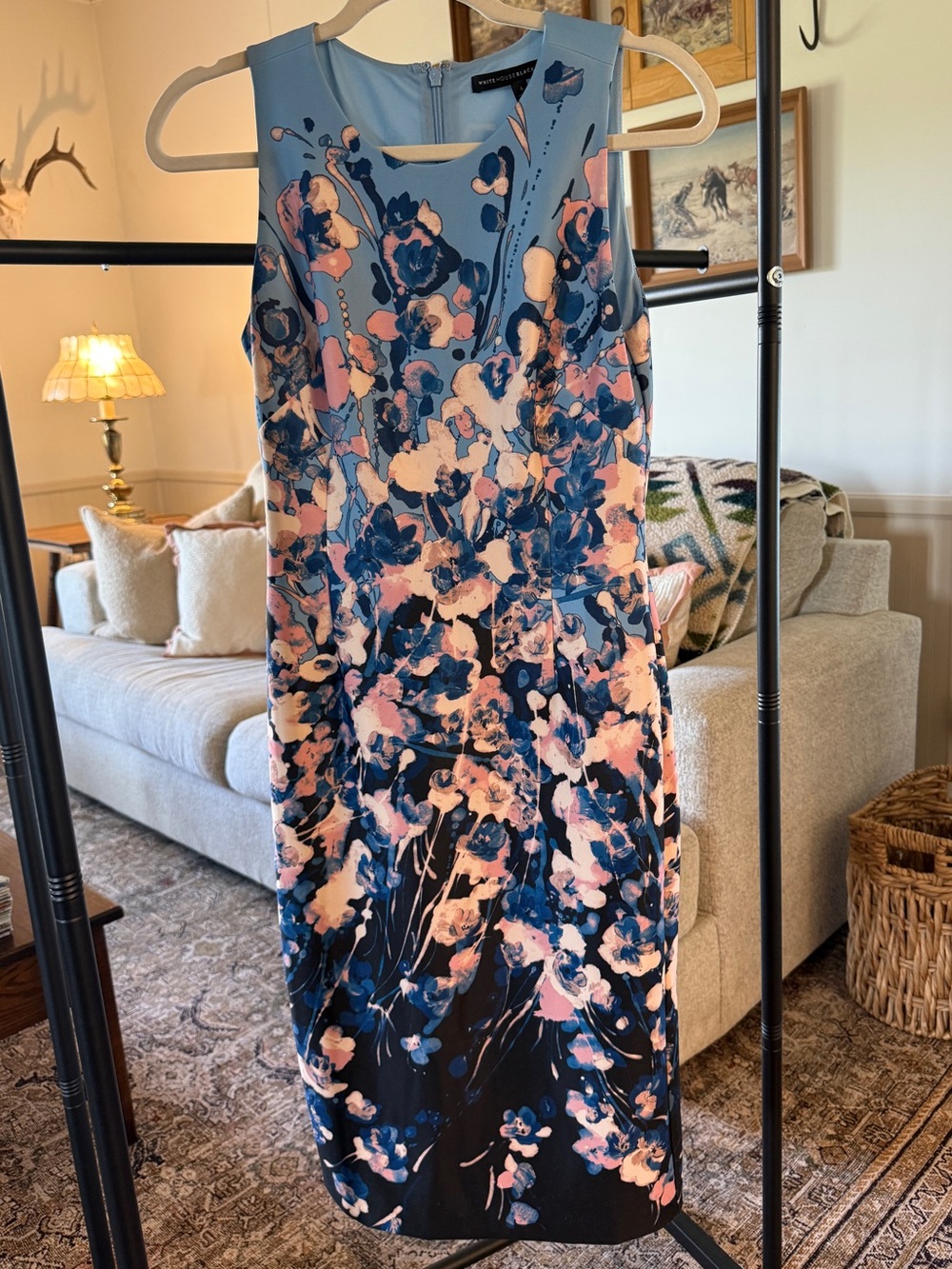 White House Black Market Blue, Pink & Navy Floral Midi Dress
